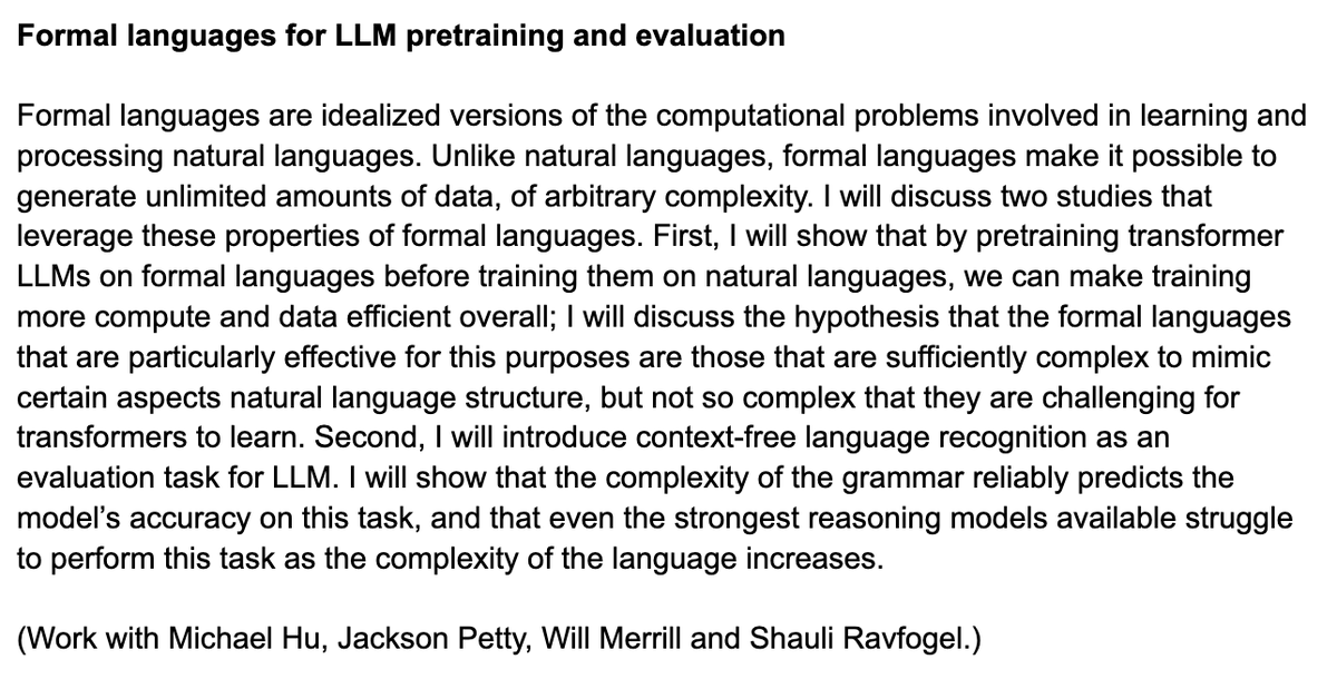 Slides from my talk at Apple (thanks for hosting!) on our recent work on formal languages for LLM pretraining and evaluation: drive.google.com/file/d/1EtsyQ-…