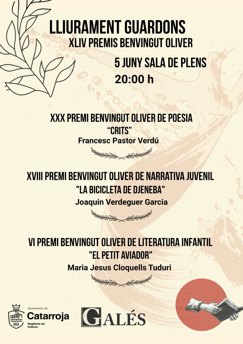 Lliurament Guardons XLIV Premis Benvingut Oliver
Hui 5 de juny a #Catarroja