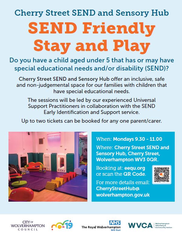 Parents and carer's of SEND pre- school children are invited to Cherry Street SEND and Sensory Hub's (WV3 0QR) weekly Stay and Play sessions every Monday between 9:30- 11:00am.

Book your place at: eequ.org/book/send-stay…