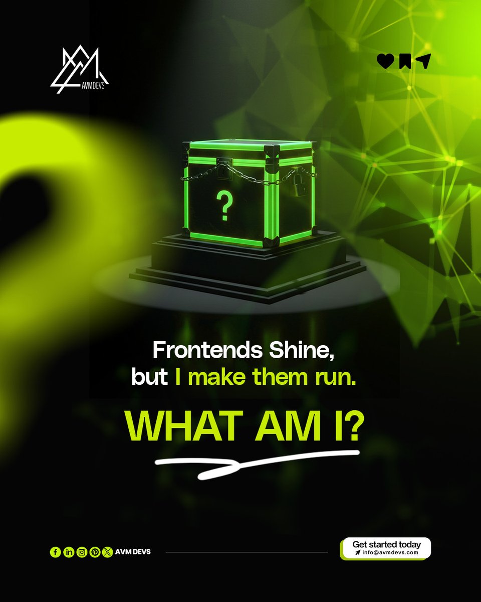 avmdevs's tweet image. Frontends shine, but I make them run. What am I?&quot;
Drop your answer below! 👇

Hint: Without me, your app is just a pretty face. 😏

#AVMDEVS #RiddleChallenge #AppDevelopment #BackendDev #BuildWhatsNext  #BusinessGrowth  #riddles