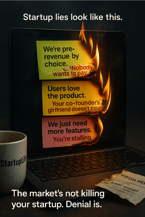 Most founders secretly know their startup is dying.

They just won't admit it.

I see it every week:
- The metrics dashboard they "forgot" to update
- The investor pitch that keeps getting "refined"
- The pivot that's really a prayer

Here's what they tell themselves:

"We're