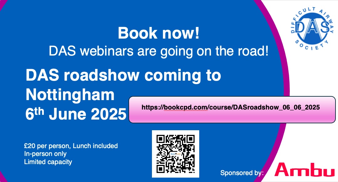 Difficult Airway Society (DAS) Residents (@dasresidents) on Twitter photo Last chance to get a ticket for tomorrow's DAS Roadshow symposium at Nottingham Queen's Medical centre.
bookcpd.com/course/DASroad…
We look forward to seeing you all tomorrow!
<a href="/dasairway/">Difficult Airway Society (DAS)</a> Last chance to get a ticket for tomorrow's DAS Roadshow symposium at Nottingham Queen's Medical centre.
bookcpd.com/course/DASroad…
We look forward to seeing you all tomorrow!
<a href="/dasairway/">Difficult Airway Society (DAS)</a>
