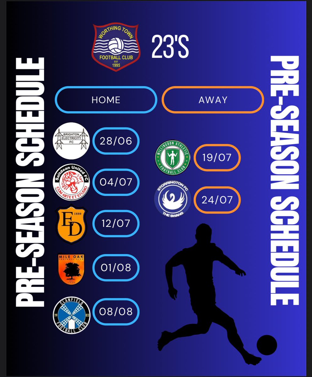 Our Pre Season Dates Are Complete ✅

The 23s Face:
<a href="/BrightonLeccyTV/">Brighton Electricity FC 🟤 #LeccyLegends 🤎</a> 
<a href="/Saltdeanfc/">Saltdean United FC</a> 23s
<a href="/eastdeanfc/">East Dean Football Club</a> 
<a href="/WillingdonAFC/">Willingdon Athletic</a> 23s
<a href="/StorringtonFC/">Storrington Community FC</a> 23s
<a href="/mileoak_fc/">Mile Oak FC</a> 23s
<a href="/clanfieldfc/">Clanfield FC</a> 23s