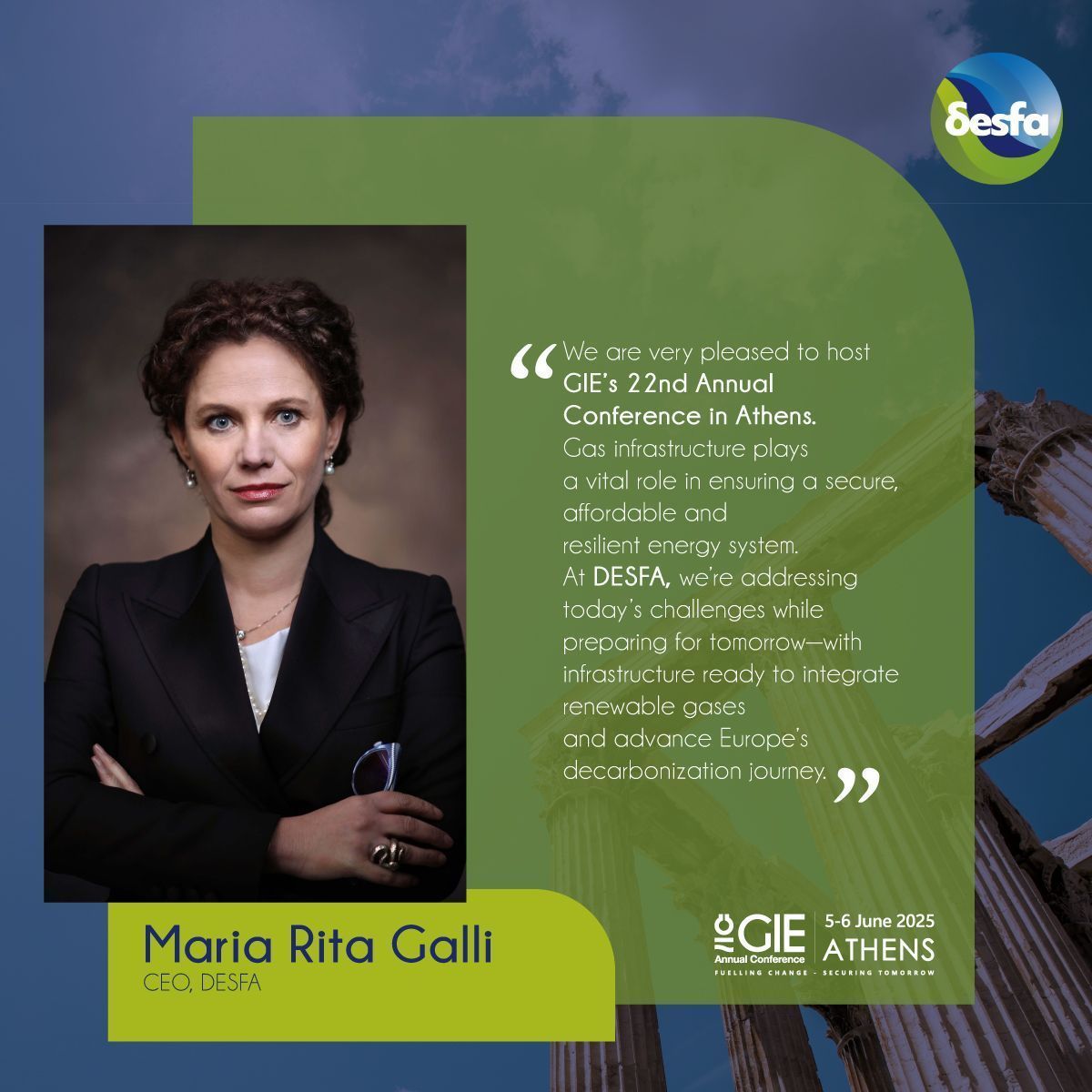 🔹 With a strong message about the future of energy, the 22nd Annual #GIE Conference kicked off in Athens. 

In her opening speech, Maria Rita Galli, CEO of DESFA, highlighted the critical role of gas infrastructure in shaping a reliable, flexible, and sustainable energy system