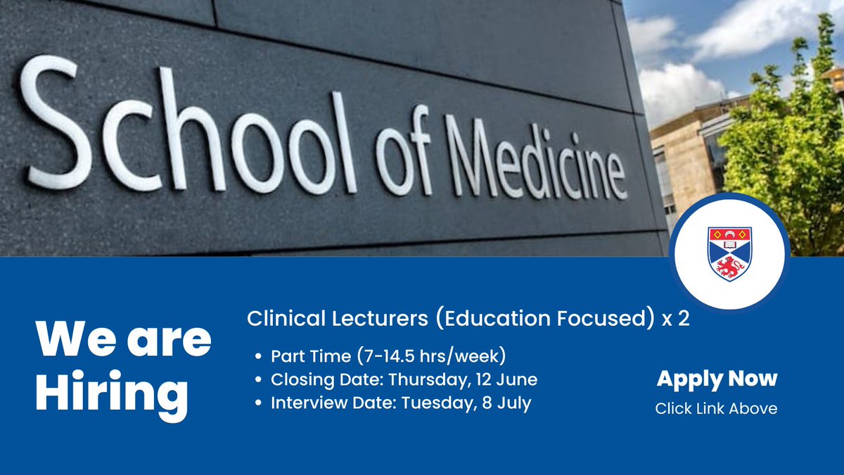 📢 We are #hiring 2 part-time Clinical Lecturers (Education Focused) to lead and support a Community-Based Medicine module on the St Andrews #MBChB (ScotCOM). Applicants must be clinically qualified generalists with a passion for teaching.

✍ Apply now! bit.ly/3Hr78nn