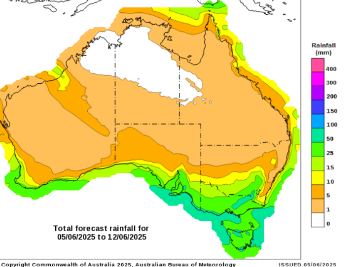 Latest <a href="/DPIRDbroadacre/">DPIRD Broadacre - WA Grains & Livestock</a> soil water and break of season maps (15 mm over 3 days from 25 April). The north received rain (Three Springs 49 mm in 4 days), but the central wheatbelt and Great Southern is still lacking. Not much forecast in the next 8 days. #climate