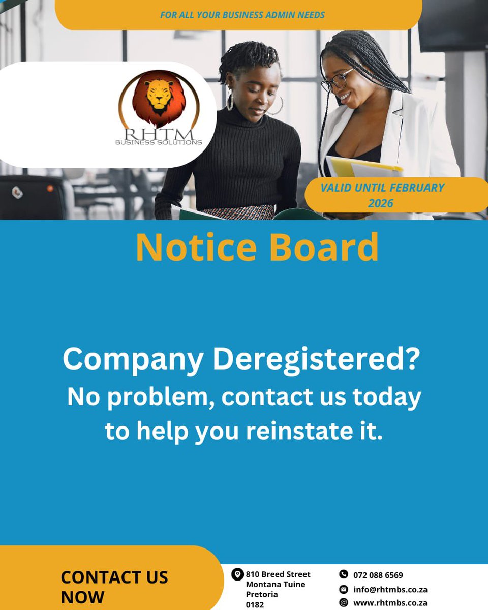Rhtmbs's tweet image. Company Deregistered?
No problem, contact us today to help you reinstate it.

📞: 0720886569 or 0659596238(available on WhatsApp)
📧: info@rhtmbs.co.za
🌍: rhtmbs.co.za
📍: 810 Breed Street, Montana Tuine, Pretoria, 0182