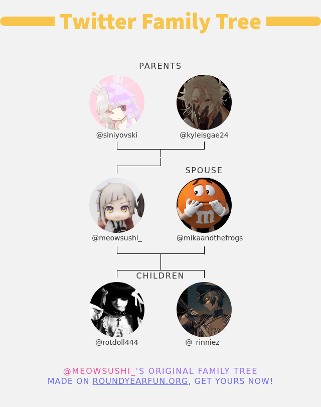 Atsushi of shedtwt!!! (@meowsushi_) on Twitter photo 👨👩👧👦 My Twitter Family:
👫 Parents: <a href="/siniyovski/">·˚ ꒰➳ kanna ˗ˏˋ꒰ 🍒 ꒱</a> <a href="/kyleisgae24/">Kyle/Albedo likes blood//shedtwt</a>
👰 Spouse: <a href="/mikaandthefrogs/">mika</a>
👶 Children: <a href="/rotdoll444/">Ángel ♱</a> <a href="/_rinniez_/">Kolya 🌙 ~ shtwt</a>
➡️ infinityweet.me/family-tree 👨👩👧👦 My Twitter Family:
👫 Parents: <a href="/siniyovski/">·˚ ꒰➳ kanna ˗ˏˋ꒰ 🍒 ꒱</a> <a href="/kyleisgae24/">Kyle/Albedo likes blood//shedtwt</a>
👰 Spouse: <a href="/mikaandthefrogs/">mika</a>
👶 Children: <a href="/rotdoll444/">Ángel ♱</a> <a href="/_rinniez_/">Kolya 🌙 ~ shtwt</a>
➡️ infinityweet.me/family-tree