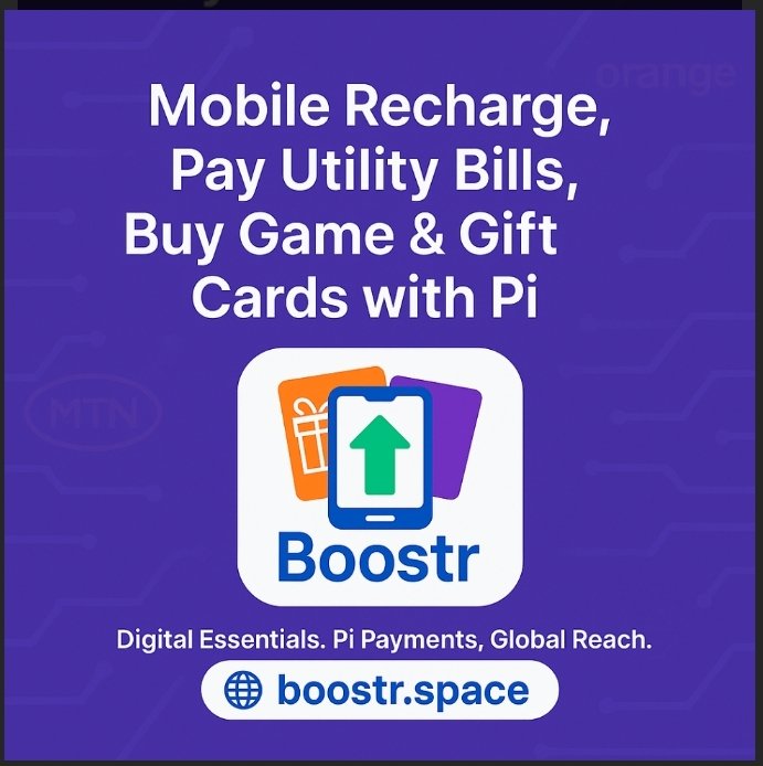 AfriPiMall's tweet image. Recharge your mobile or pay utility bills with Pi.
Explore services like:
✅ Mobile &amp;amp; Data Recharge (Global)
 ✅ Game &amp;amp; Gift Cards
 ✅ Global eSIMs – Stay connected anywhere
 Boostr makes it fast and secure. #Boostr #PiNetwork #PiUtility #PiPayment #SupportPiApps