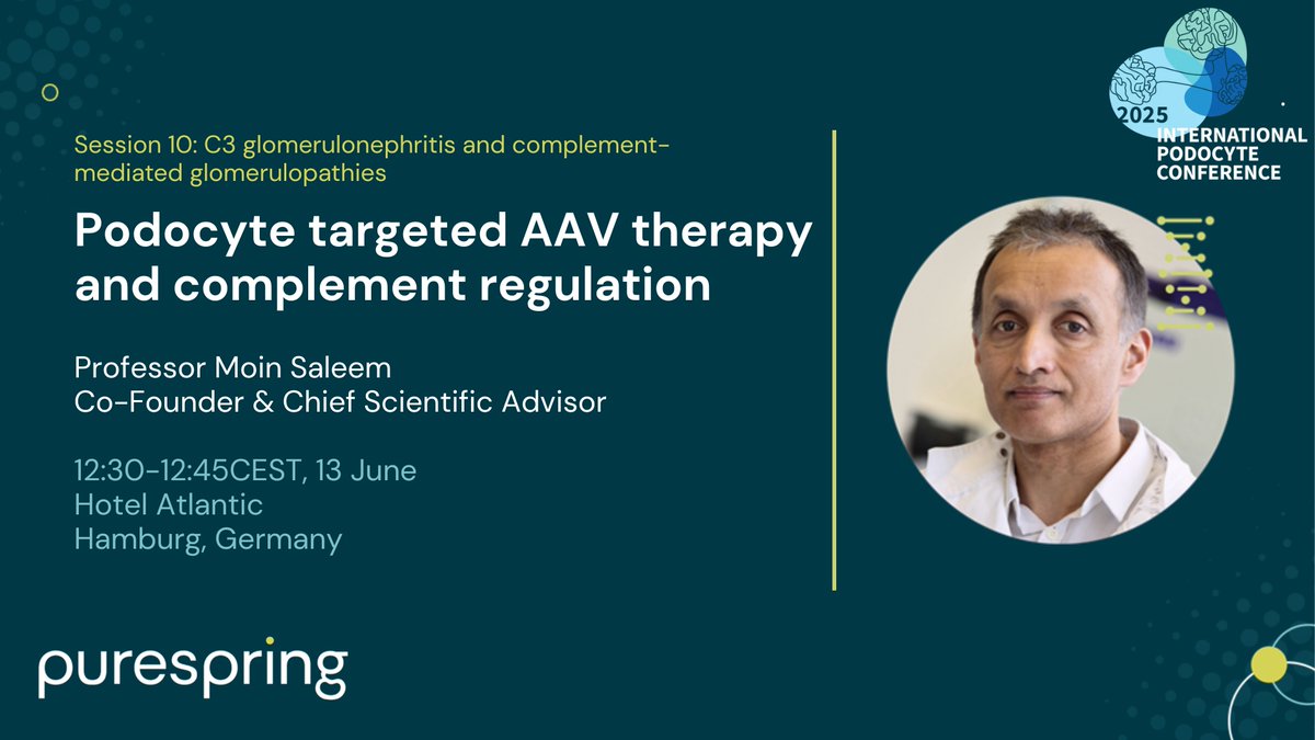 The Purespring team is headed to the 15th International #PodocyteConference2025, which kicks off in Hamburg on 10 June. 

Be sure to stop by our Co-Founder and Chief Scientific Advisor, Professor Moin Saleem’s, presentation to learn more about our precision #nephrology approach.