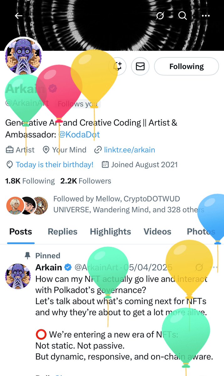 Happy Birthday to a brother and Polkadot Art legend <a href="/ArkainArt/">Arkain</a> 

Wishing you the very best today and always.
Thanks for the contributions to <a href="/KodaDot/">Koda.art</a> and to the Polkadot Community

Friends, let’s do well to give him a follow