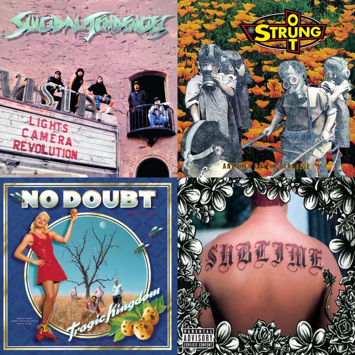 #MúsicaDesobediente Lights...Camera...Revolution! <a href="/OFFICIALSTIG/">SUICIDAL TENDENCIES</a> 1990 #CrossoverThrash #HardcorePunk #FunkMetal 🇺🇸 | Another Day In Paradise <a href="/StrungOut/">Strung Out</a> 1994 #PunkRock #SkatePunk #MelodicHardcore 🇺🇸 | Tragic Kingdom <a href="/nodoubt/">No Doubt</a> 1995 #AltRock 🇺🇸 | Sublime <a href="/sublime/">Sublime</a> 1996 #SkaPunk 🇺🇸