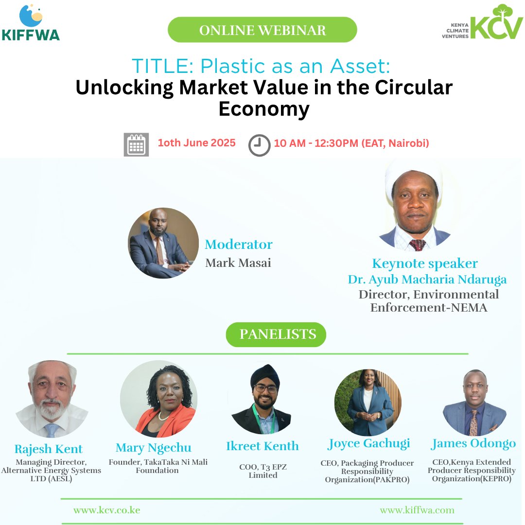 #WEBINAR | Plastic as an Asset
🗓️ June 10, 2025 | ⏰ 10AM–12:30PM EAT
What if plastic wasn’t waste but wealth?
Join @KCV_KE &amp; KIFFWA to explore how circular thinking can unlock plastic’s value. 
🔗 Register: us02web.zoom.us/meeting/regist…

#WorldEnvironmentDay  #BeatPlasticPollution