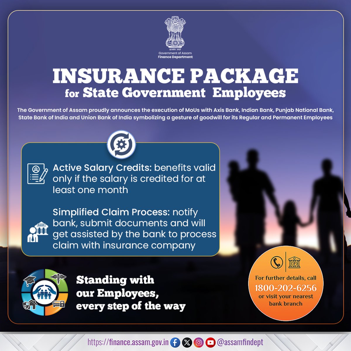 AssamFinDept's tweet image. 🚨 Big News for Assam Government Employees!
Government of Assam has signed an MoU with SBI, UBI, Axis Bank, Indian Bank & PNB to offer Insurance at ZERO cost to state govt employees.
Call 1800-202-6256 or visit your nearest branch for details.
#Assam #GovtEmployees #Insurance