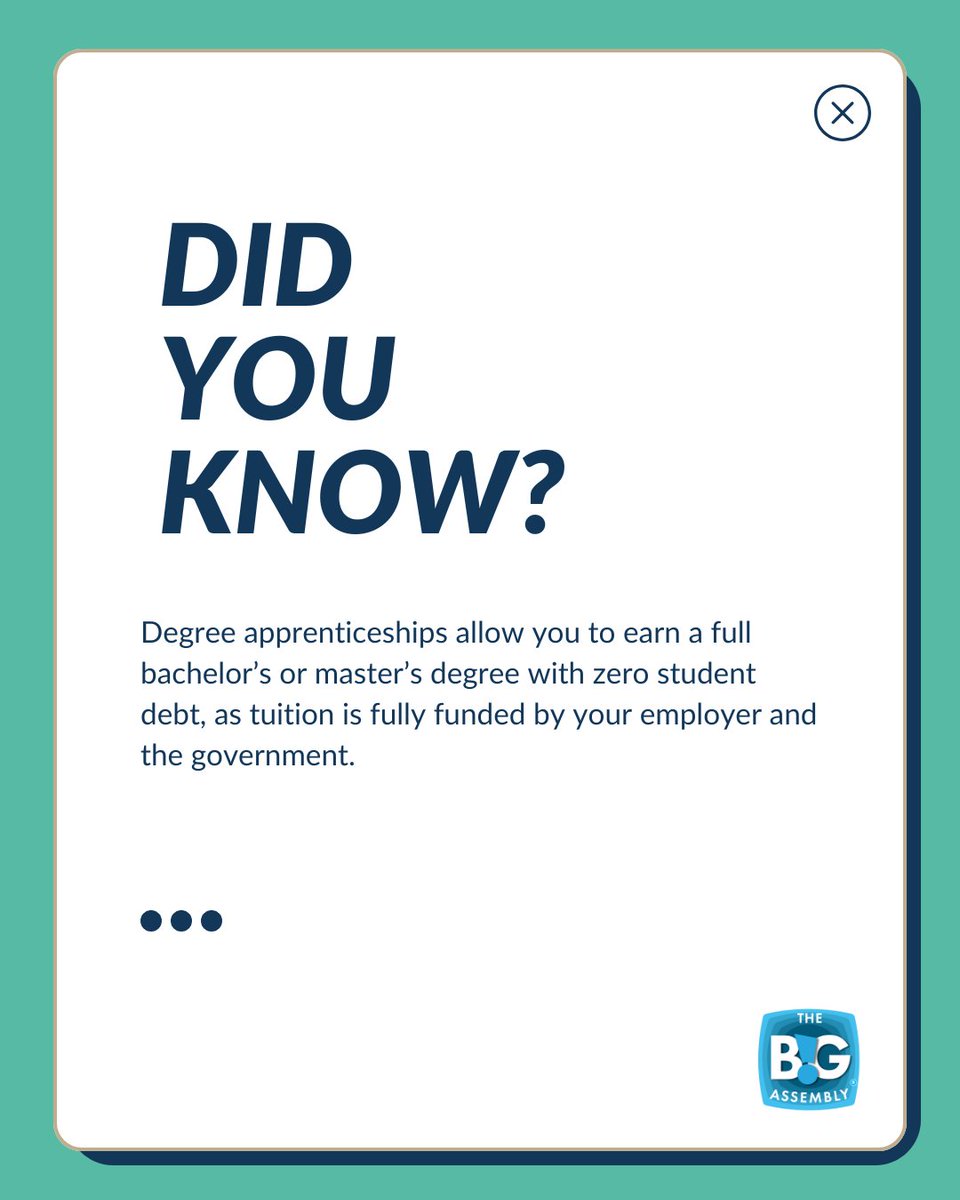 DID YOU KNOW?

You can get a full bachelor’s or master’s degree through an apprenticeship, with no student debt! 🙌

Earn while you learn, gain real experience, and graduate debt-free.
Perfect for career changers, upskillers &amp; smart learners.

#DegreeApprenticeship #NoStudentDebt
