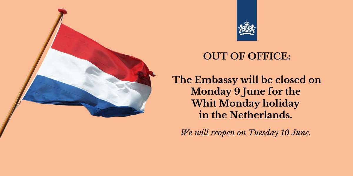 NLinZimbabwe's tweet image. 🚫The Netherlands Embassy will be closed on Monday 9 June for the Whit Monday holiday in the Netherlands.
We will reopen on Tuesday 10 June.🇳🇱