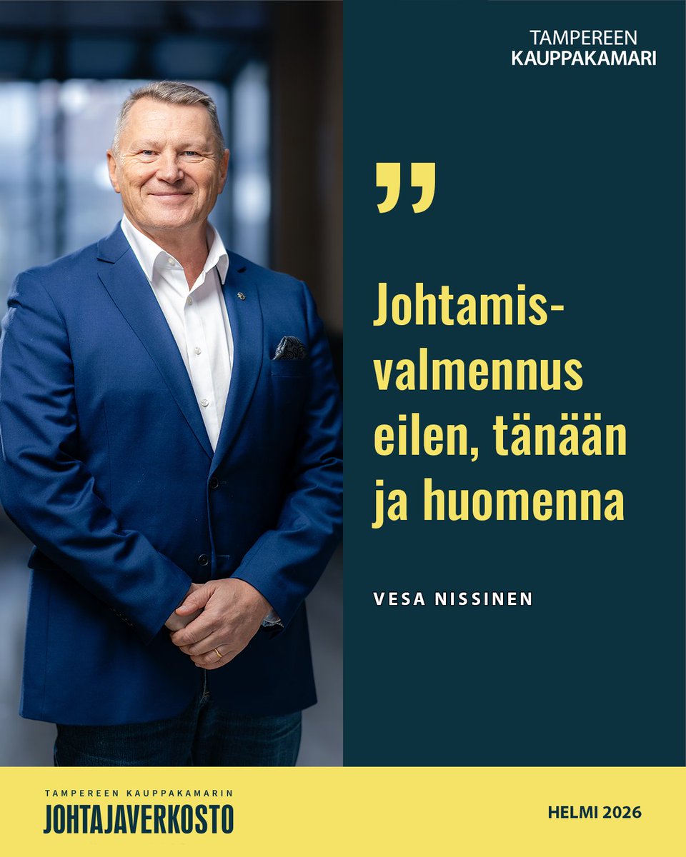 Ensi vuoden kevään asiantuntijavieraat ovat melko pitkälti kiinnitetty. Tässä ensimmäinen kortti 2026:
Ilo saada <a href="/k2tre/">Tampereen kauppakamari ⚙️</a> <a href="/johtajaverkosto/">Johtajaverkosto</a> asiantuntijavieraaksi <a href="/VTNissinen/">Vesa Nissinen</a>!  #johtajaverkosto #syväjohtaminen