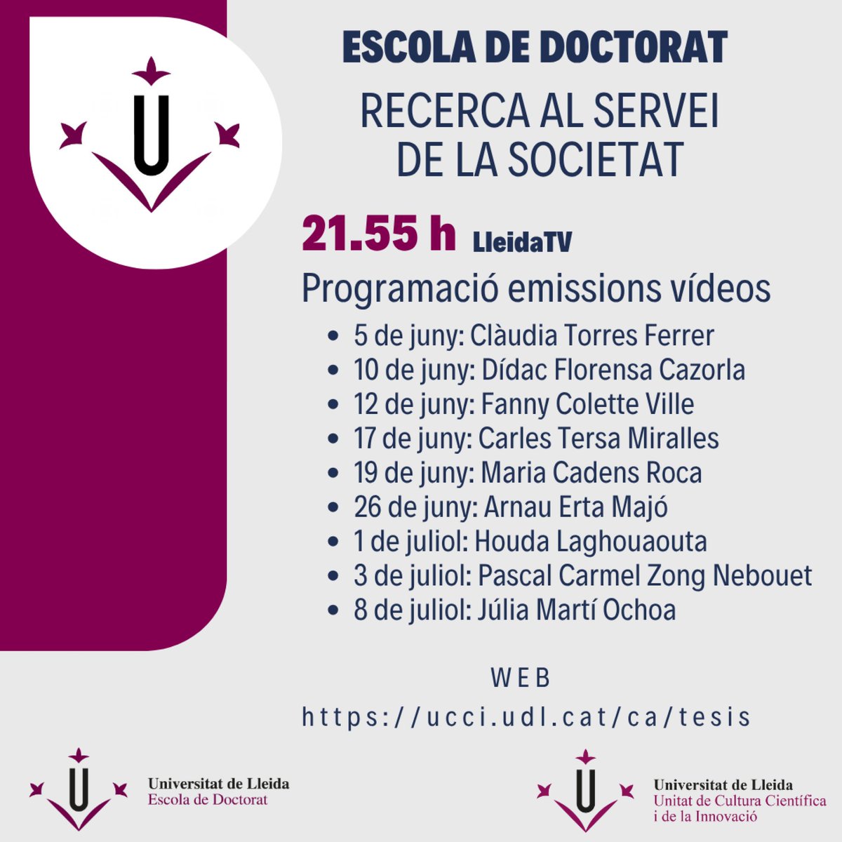 Unitat de Cultura Científica i de la Innovació (@ucci_udl) on Twitter photo 🚀 Avui a les 21.55h a <a href="/LleidaTV/">Lleida TV</a> la <a href="/UdL_info/">Universitat de Lleida (UdL)</a> estrena el projecte audiovisual "Escola de Doctorat. Recerca al servei de la societat" per <a href="/DoctoratUdL/">ED Doctorat UdL</a> i <a href="/ucci_udl/">Unitat de Cultura Científica i de la Innovació</a>.
📹 9 vídeos de 4'
📃 9 tesis doctorals
🎓9 programes de doctorat
Properament els vídeos a: ucci.udl.cat/ca/tesis 🚀 Avui a les 21.55h a <a href="/LleidaTV/">Lleida TV</a> la <a href="/UdL_info/">Universitat de Lleida (UdL)</a> estrena el projecte audiovisual "Escola de Doctorat. Recerca al servei de la societat" per <a href="/DoctoratUdL/">ED Doctorat UdL</a> i <a href="/ucci_udl/">Unitat de Cultura Científica i de la Innovació</a>.
📹 9 vídeos de 4'
📃 9 tesis doctorals
🎓9 programes de doctorat
Properament els vídeos a: ucci.udl.cat/ca/tesis