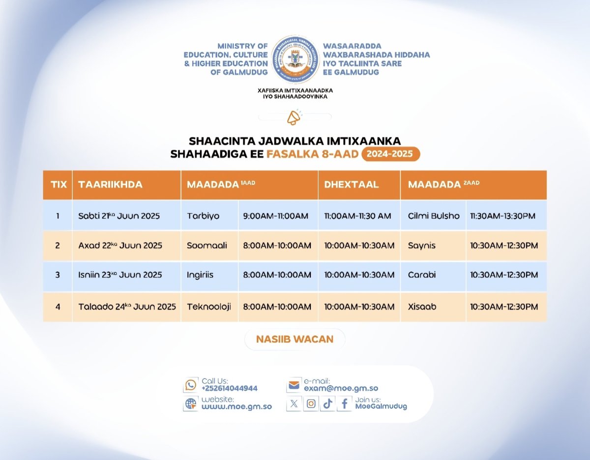 Khamiis- Dusamareb, Tr: 05-June, 2025.

Wasaaradda waxbarashada, Hiddaha iyo Tacliinta Sare ee Galmudug, waxay baahinaysaa Jadwalka Maadooyinka Imtixaanka Fasalka 8aad ee sanad dugsiyeedka 2024-2025.

tiktok.com/@moechegalmudug

x.com/MoECHEGalmudug