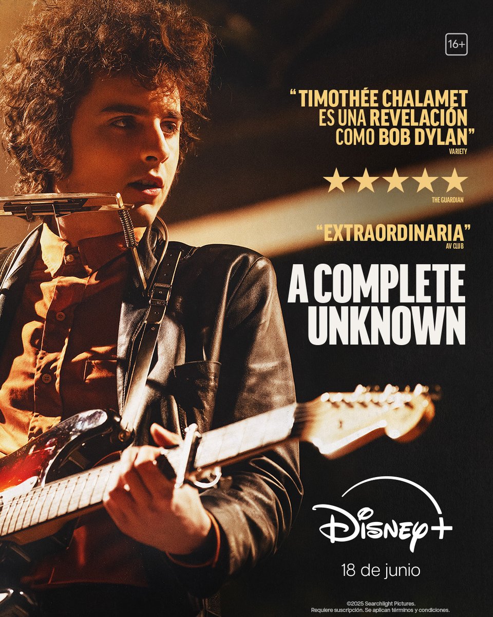 La música de una generación, la historia de una leyenda.

#ACompleteUnknown, nominada a 8 Oscars®, llega el 18 de junio solo a #DisneyPlus.