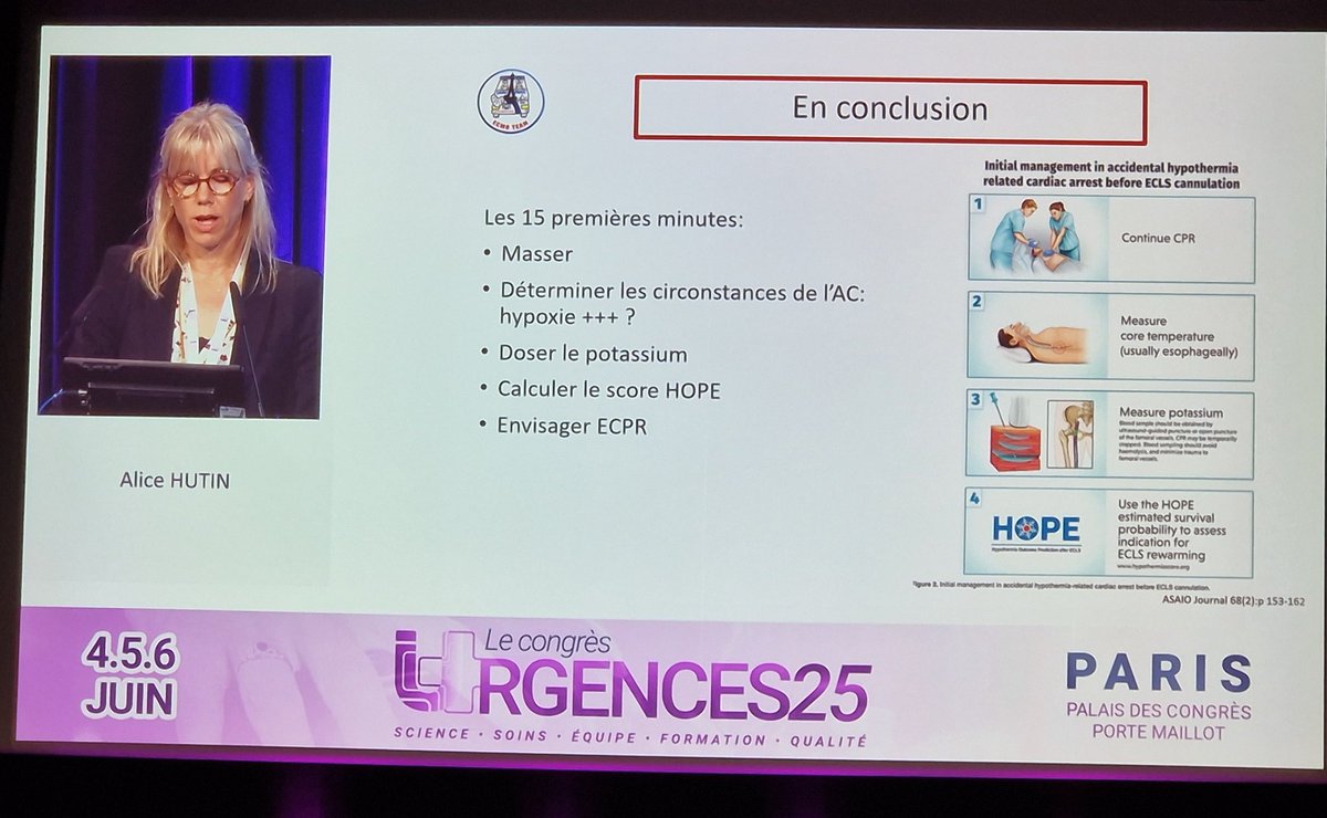 Ce qu'il faut retenir de la PEC de l'ACR sur hypothermie : ECPR. Merci Dr Alice HUTIN. #Urgences2025 #Congres