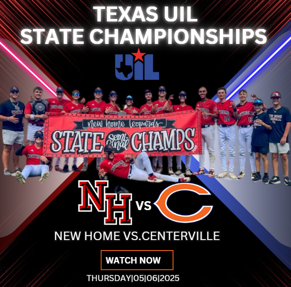 Texas UIL SPORTS (@texasuil_sport) on Twitter photo 🏆⚾️ STATE CHAMPIONSHIPS🏆
New Home vs.Centerville
📺bit.ly/4B4774h
📅 Thursday|05|06
⏰ 12p.
<a href="/NewHomeBaseball/">New Home Baseball</a> <a href="/AthleticNew/">New Home Athletic Booster Club🐾</a> <a href="/NewHomeHoops/">NH Leopards 🏀 — #HST</a> <a href="/NewHomeISD/">New Home ISD</a> <a href="/braedenjones02/">Braeden</a> <a href="/ryderstarkey27/">Ryder Starkey</a> <a href="/grahamstanford0/">Graham Stanford</a> <a href="/TuckerCotton15/">Tucker Cotton</a> 🏆⚾️ STATE CHAMPIONSHIPS🏆
New Home vs.Centerville
📺bit.ly/4B4774h
📅 Thursday|05|06
⏰ 12p.
<a href="/NewHomeBaseball/">New Home Baseball</a> <a href="/AthleticNew/">New Home Athletic Booster Club🐾</a> <a href="/NewHomeHoops/">NH Leopards 🏀 — #HST</a> <a href="/NewHomeISD/">New Home ISD</a> <a href="/braedenjones02/">Braeden</a> <a href="/ryderstarkey27/">Ryder Starkey</a> <a href="/grahamstanford0/">Graham Stanford</a> <a href="/TuckerCotton15/">Tucker Cotton</a>