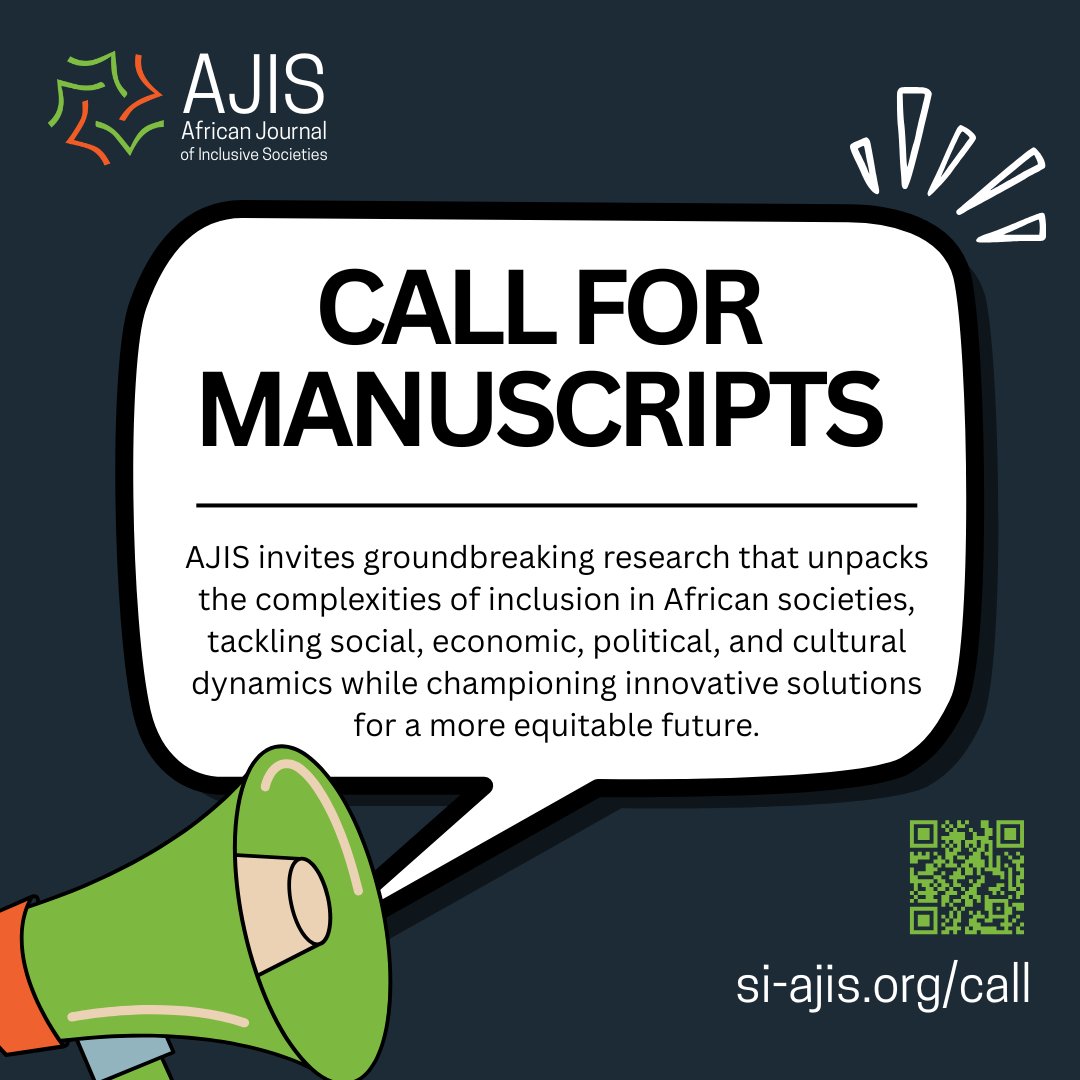 ICYMI: Africa Journal of Inclusive Societies (AJIS) is calling for original research manuscripts on inclusion in Africa! Make sure to submit yours.

🗓️ The deadline is fast approaching: 30 June 2025

🔗Check out si-ajis.org/call/ for details.

 #academicjournal #ajis2025