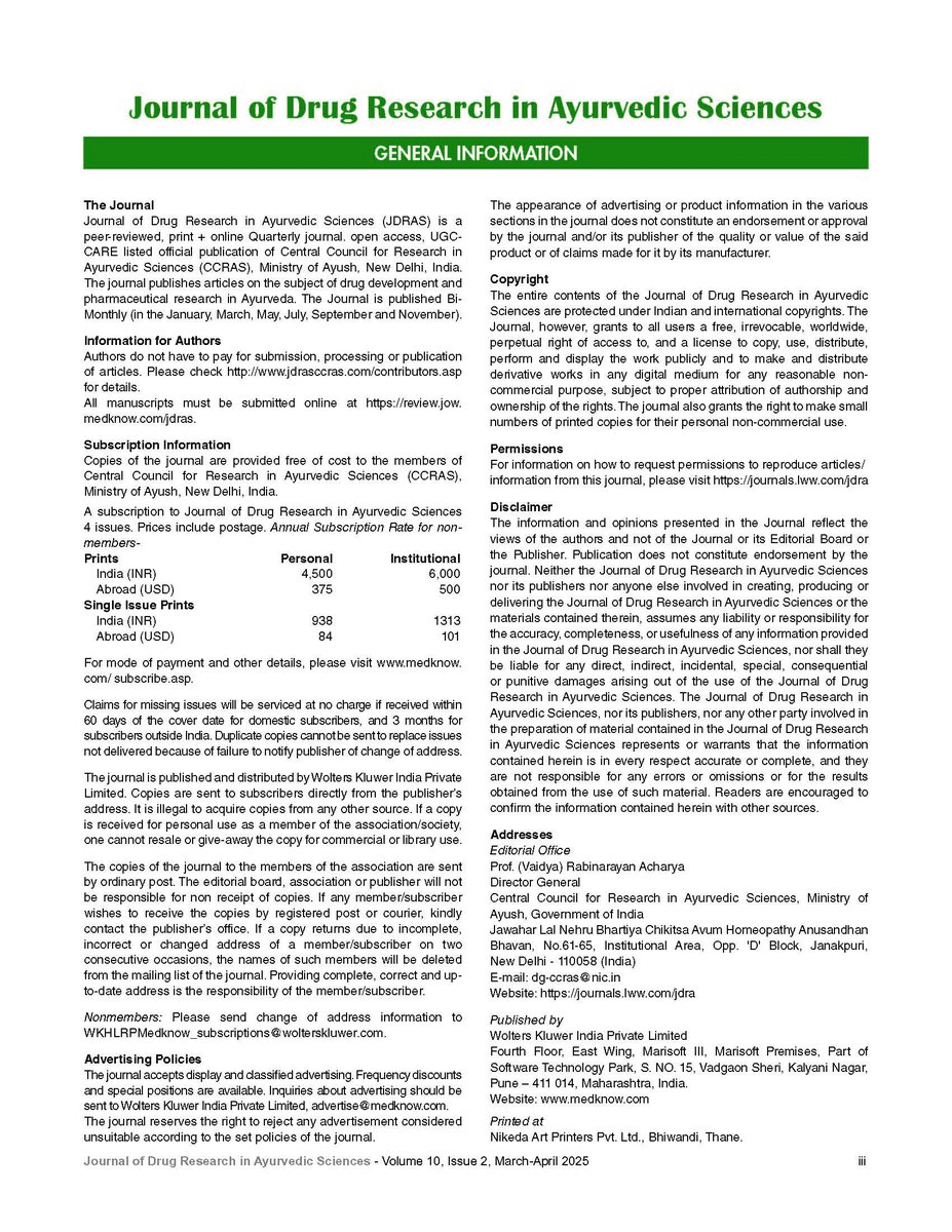 CCRAS_MoAyush's tweet photo. ๐ข๐๐๐ ๐๐๐๐๐๐๐!
The newest edition of the Journal of Drug Research in Ayurvedic Sciences (#JDRAS), a peer-reviewed, double-blind bimonthly journal by #CCRAS, is now live!
Don't miss the March-April 2025 ๐๐ฌ๐ฌ๐ฎ๐ (๐๐จ๐ฅ. ๐๐, ๐๐จ. ๐)
๐https://t.co/nt7xjy8LXj https://t.co/vJUz3LEcE2