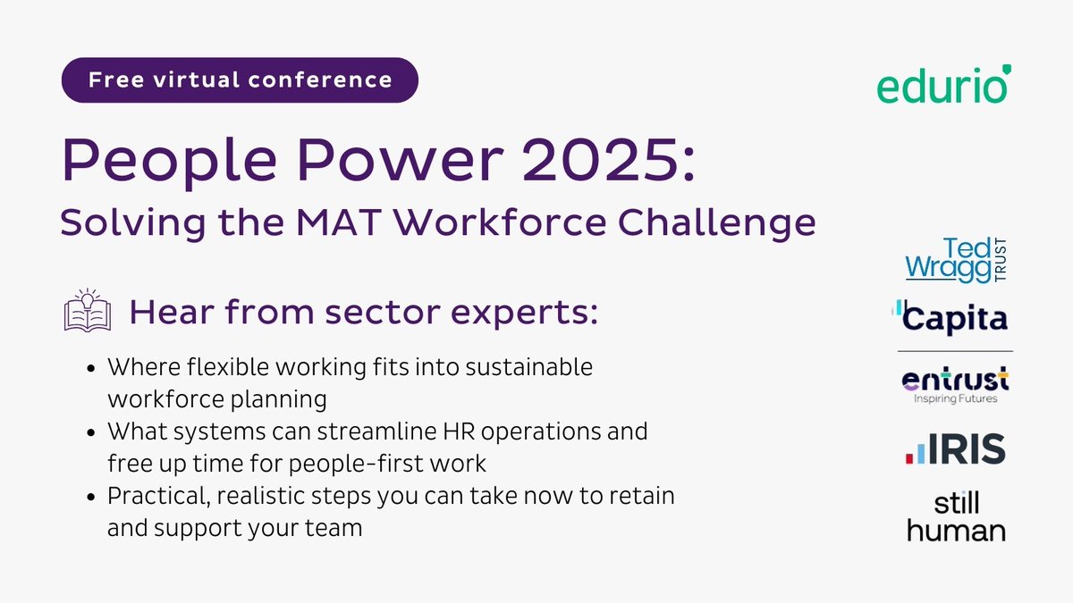 eduriocom's tweet image. Your people are your greatest asset – and your greatest risk.
That’s why the People Power conference is back for its 3rd year!

Hear from experts:
✅ Who’s leaving, why and when
✅ How trusts can retain talent
✅ What works across the sector

🔗 Register: eu1.hubs.ly/H0kKsTD0