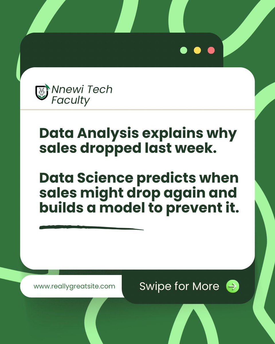 nnewitech's tweet image. Data Analysis vs Data Science
They’re not the same👇
📊 Analysis = What happened
🤖 Science = What’s coming

At Nnewi Tech, we teach you BOTH, in one Data Science package.

To register call/chat us on👇🏻
📞 08068597140

#DataScience #TechSkillsThatPay #nnewitech
