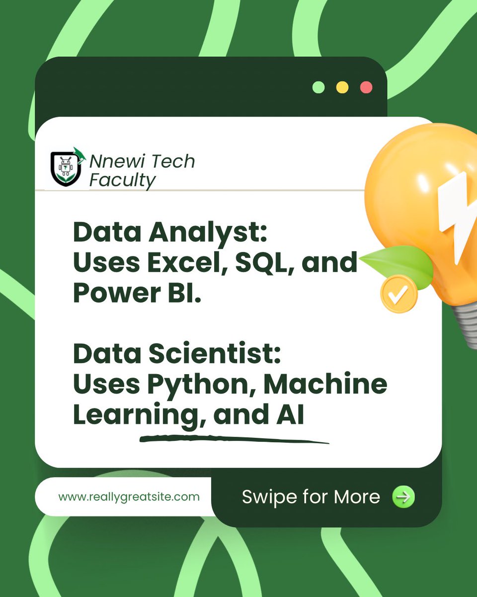 nnewitech's tweet image. Data Analysis vs Data Science
They’re not the same👇
📊 Analysis = What happened
🤖 Science = What’s coming

At Nnewi Tech, we teach you BOTH, in one Data Science package.

To register call/chat us on👇🏻
📞 08068597140

#DataScience #TechSkillsThatPay #nnewitech