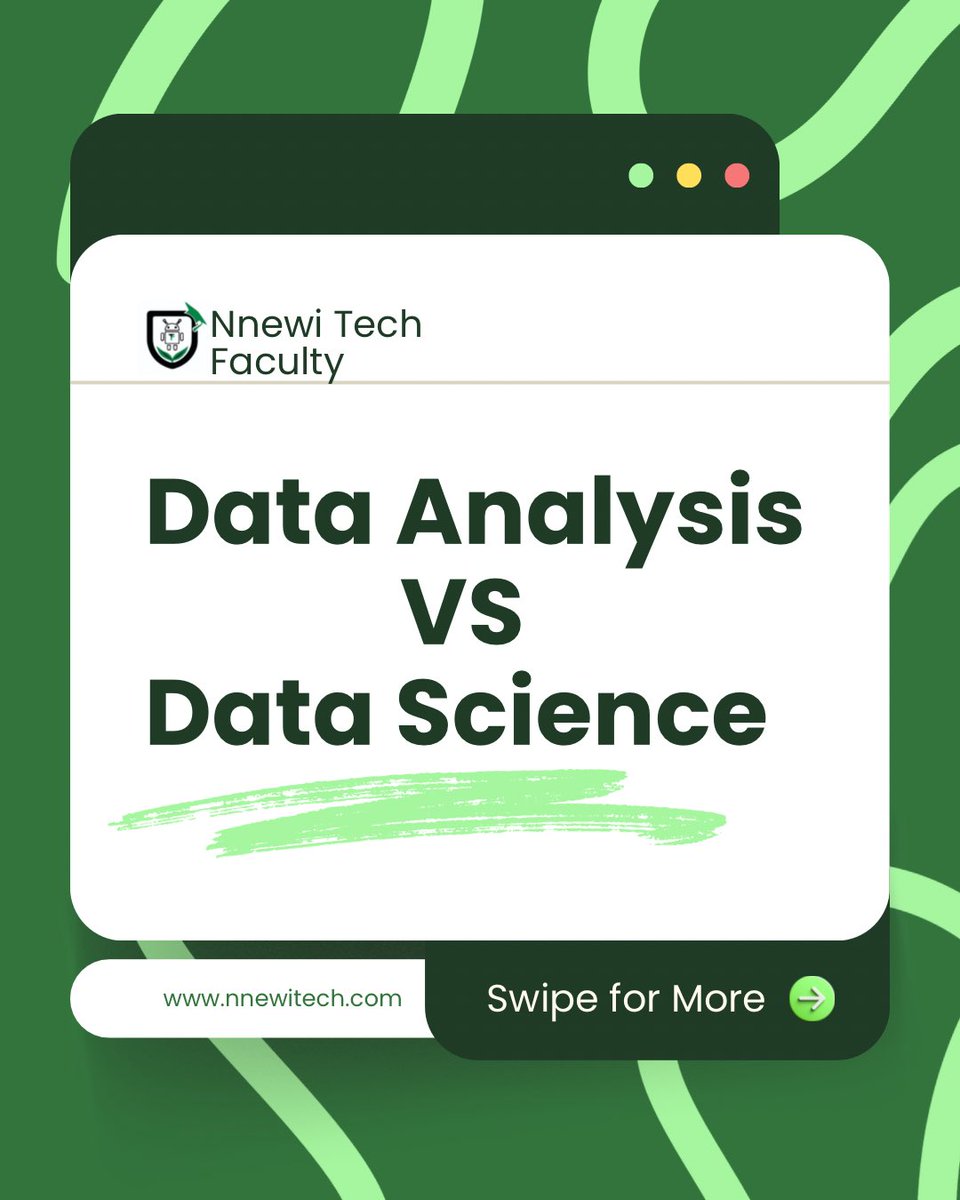 nnewitech's tweet image. Data Analysis vs Data Science
They’re not the same👇
📊 Analysis = What happened
🤖 Science = What’s coming

At Nnewi Tech, we teach you BOTH, in one Data Science package.

To register call/chat us on👇🏻
📞 08068597140

#DataScience #TechSkillsThatPay #nnewitech
