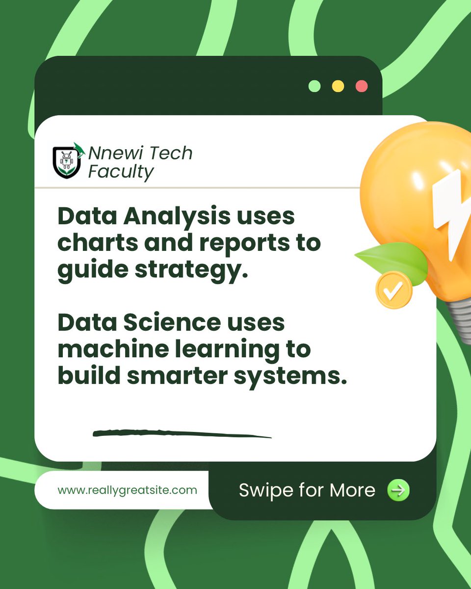 nnewitech's tweet image. Data Analysis vs Data Science
They’re not the same👇
📊 Analysis = What happened
🤖 Science = What’s coming

At Nnewi Tech, we teach you BOTH, in one Data Science package.

To register call/chat us on👇🏻
📞 08068597140

#DataScience #TechSkillsThatPay #nnewitech
