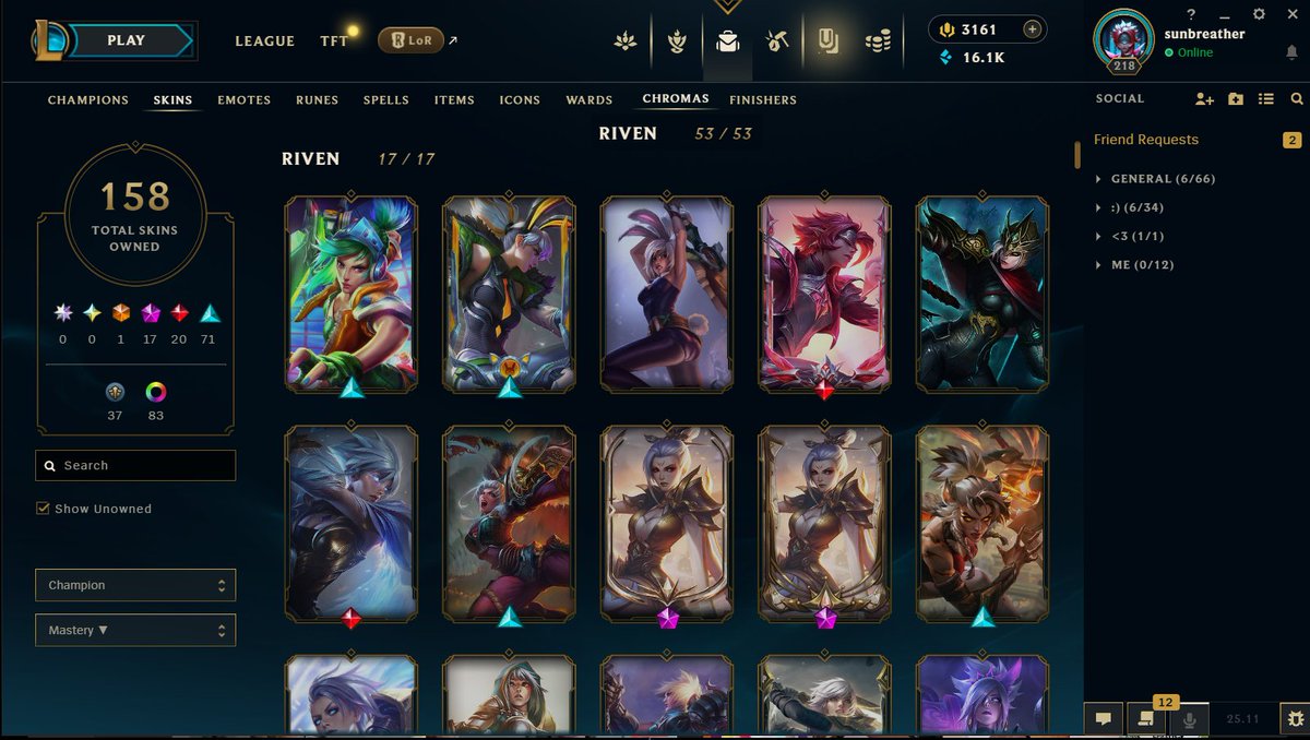I now own 100% of Riven's collection - every single skin and chroma, including event exclusive ones.

However, I'm now soft-locked into only using one for the rest of my League of Legends career. I have been scammed.