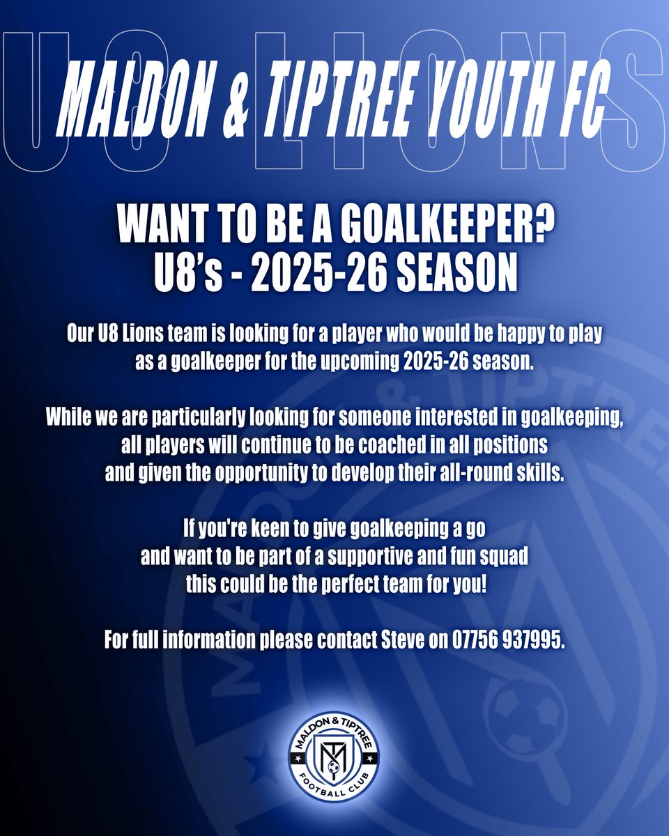 Maldon & Tiptree Youth FC (@officialmtyfc) on Twitter photo For the 2025-26 season our U8 Lions are looking to add to their squad. Players are coached in all positions to develop their football but the team are looking for a player who may be looking to become a goalkeeper. There’s never been a better time to join <a href="/MaldonTiptreeFC/">Maldon & Tiptree FC</a> For the 2025-26 season our U8 Lions are looking to add to their squad. Players are coached in all positions to develop their football but the team are looking for a player who may be looking to become a goalkeeper. There’s never been a better time to join <a href="/MaldonTiptreeFC/">Maldon & Tiptree FC</a>
