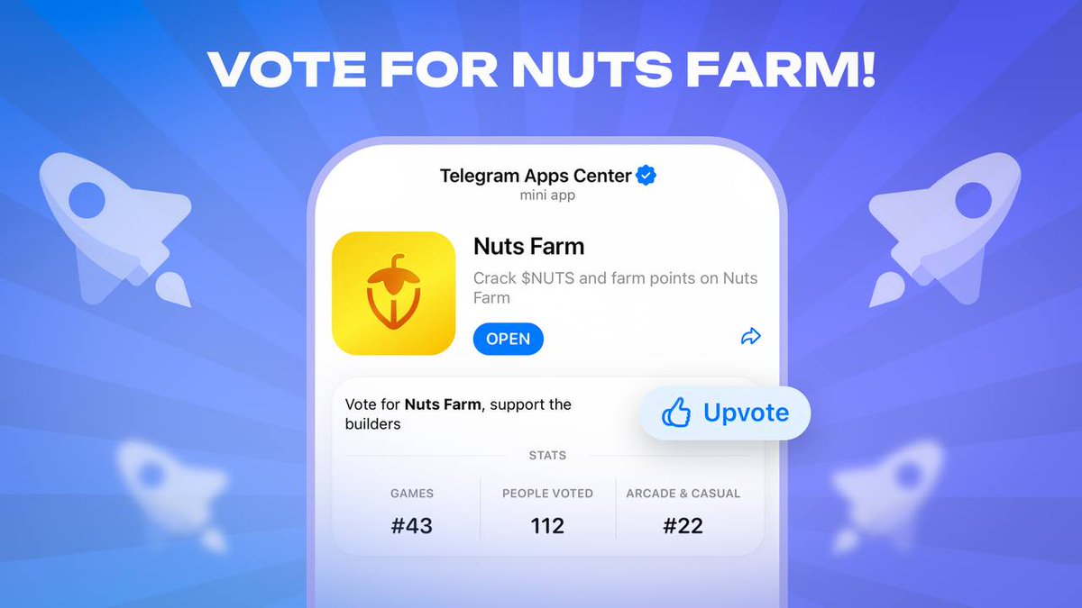 OpenAcademyAI's tweet photo. 🚀 We’re in the game! Vote for us in Telegram Apps Center!

Check "Tasks" section in Nuts Farm app and get 15,000 NUTS to your account.

1. Open Telegram Apps Center
2. Find Nuts Farm — https://t.co/LH3u0DbbJB
3. Tap the Thumbs Up icon (after using app at least once)

Top voters get a unique Telegram SBT and gifts from @tappscenter!

🗳️ Vote & Boost!