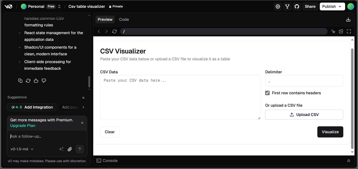 BrianHBauller's tweet photo. Week2, Building UIs Using https://t.co/56IY45ecTp by Vercel 💻
-Genrated UIs from wireframes &amp; prompts
-Built a CSV visualizer app
-Added search/sort with just a few words
-Used Stitch by google to push the boundaries of what's possible in with AI 
AI just redefined frontend dev! https://t.co/evwQZj8JYU