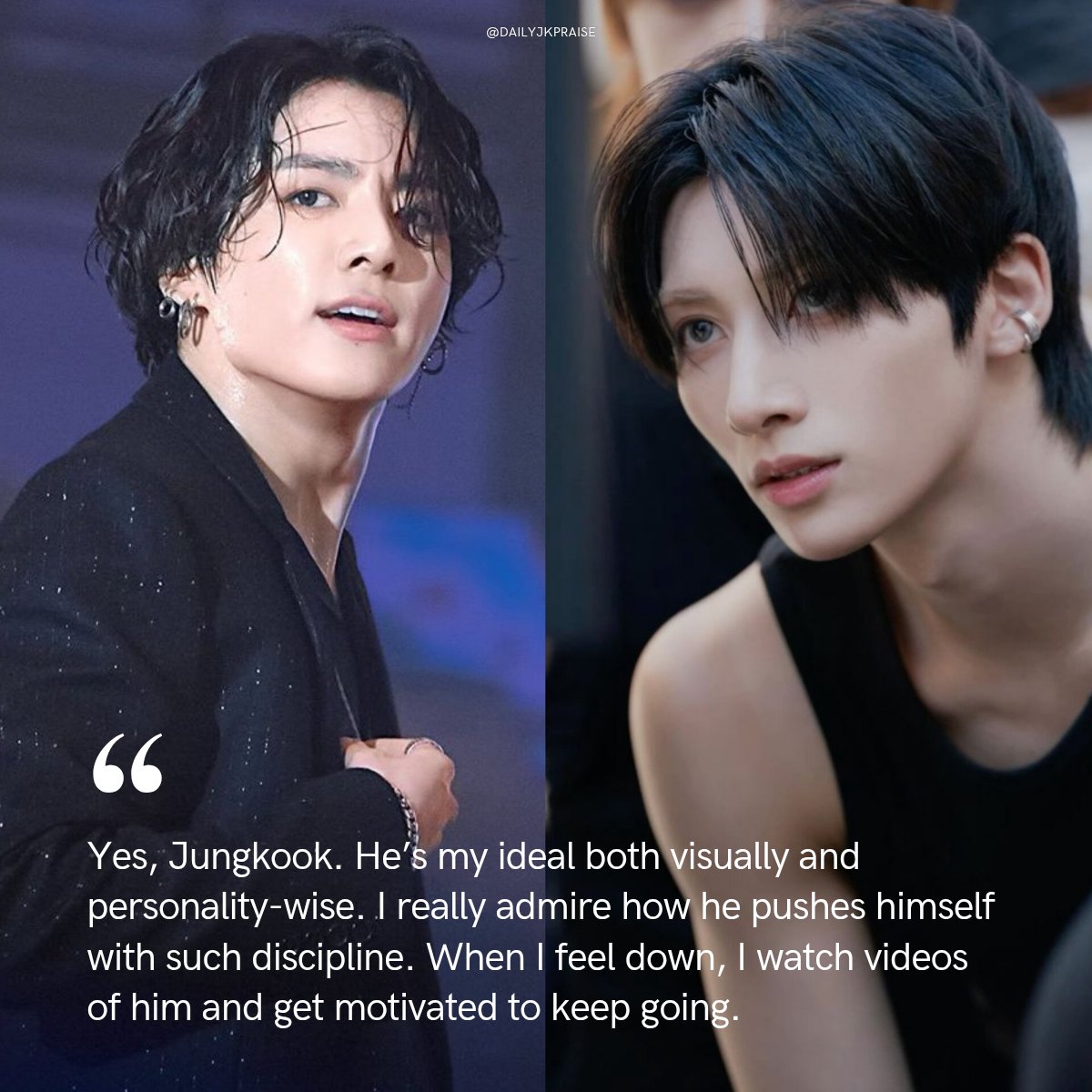 Tomiyasu Yu, Japanese singer &amp; member of NEXZ under JYP, mentioned Jungkook in a recent magazine interview.

Q. Do you have someone you admire?

“Yes, Jungkook. He’s my ideal both visually &amp; personality wise. When I feel down, I watch videos of him &amp; get motivated to keep going.”