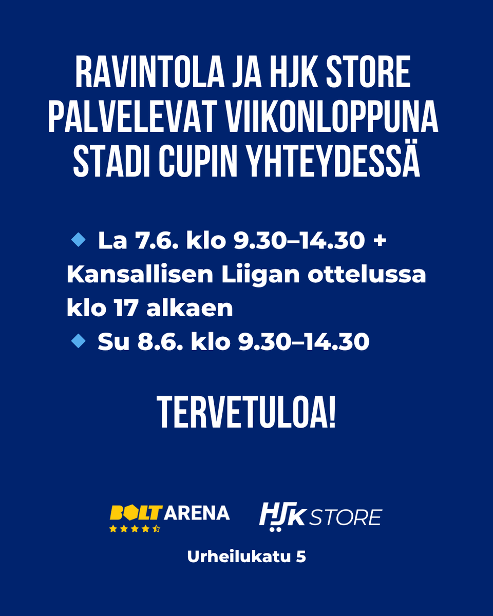 hjkhelsinki's tweet photo. Tervetuloa viikonloppuna ostoksille ja kaffelle! 👋
ℹ️ Bolt Arenan ravintolan puolella tarjolla pientä purtavaa, kahvia, virvokkeita ja tietty jätskiä! HJK Storessa kattava valikoima tuotteita, kuten esimerkiksi virallisia pelipaitoja!
#HJK #StadiCup https://t.co/hjIx0sdjhw