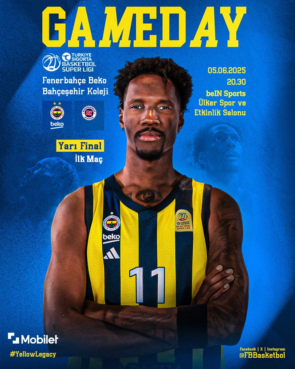 🏀 Maç günü!

🏆 Türkiye Sigorta Basketbol Süper Ligi Yarı Final İlk Maç
🆚 Bahçeşehir Koleji
🕣 20.30
📍 Ülker Spor ve Etkinlik Salonu
🔗 Maç raporu: bit.ly/4mMukge 
🎫 Biletler: bit.ly/43MpxTm 
📺 beIN Sports 5
📱 #YellowLegacy