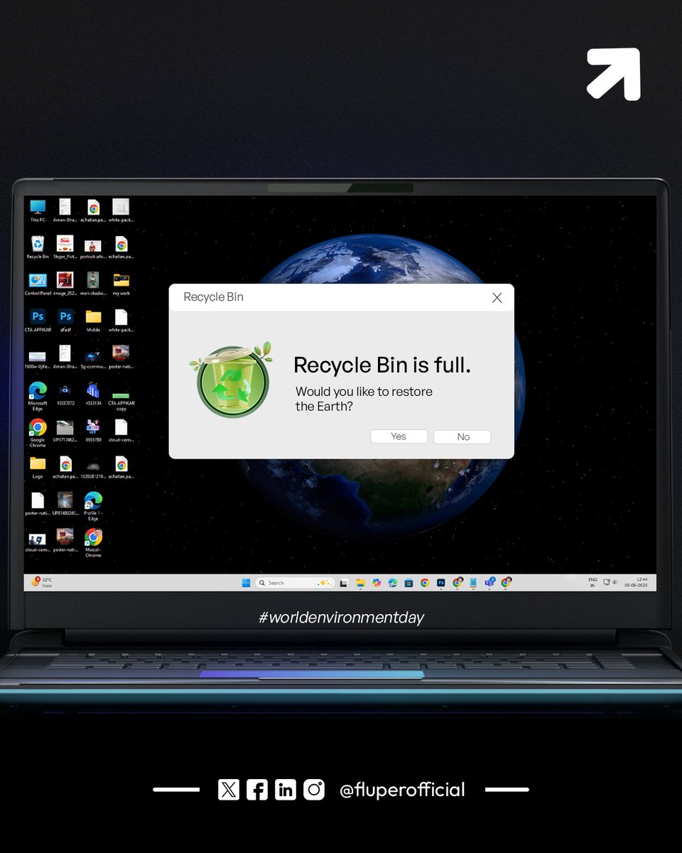 FluperOfficial's tweet image. We can't undo years of damage in a click — but we can begin today.

This World Environment Day,
✅ Choose to recycle
✅ Choose to restore
✅ Choose to rethink
Let’s not hit Delete on our future 🌍
#fluper #RestoreEarth #DigitalForGood #EnvironmentDay2025 #RecycleResponsibly