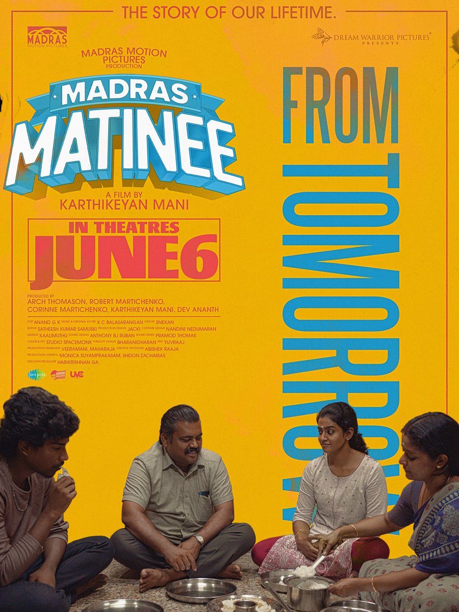 #MadrasMatinee hits theatres tomorrow 🎬
A celebration of middle-class memories. ❤️
Go catch it in theatres near you

<a href="/keyanmk/">keyanmk</a> - directorial 💫

<a href="/dreamwarriorpic/">DreamWarriorPictures</a> <a href="/saregamasouth/">Saregama South</a>

<a href="/kaaliactor/">Kaali Venkat</a> <a href="/Roshni_offl/">Roshni Haripriyan</a> <a href="/Vishva_actor/">Vishva</a>  <a href="/actormadhumitha/">Actor Madhumitha</a> <a href="/gk_anand/">Anand GK</a> <a href="/KCBalasarangan/">K C Balasarangan</a> <a href="/jacki_art/">Jackson</a>