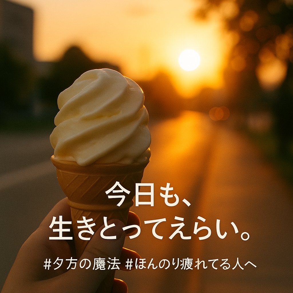 気づいたら外がまだ明るくて

今日、ようがんばったなぁ…

って思える夕方ってあるやん

コンビニのアイスがご褒美になって
帰り道の西日がちょっと
泣きそうになるくらい綺麗で

せやからこそ言いたい
👉今日も、生きとってえらい！