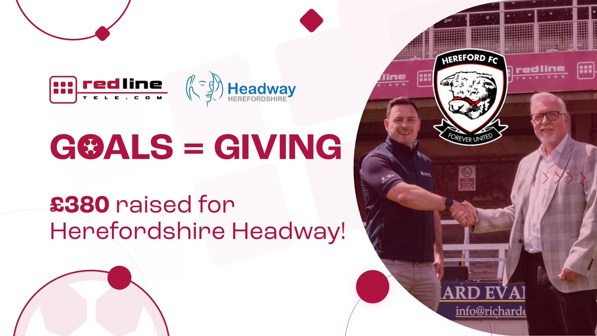 Redline's Sales and Marketing Director Alex Simmonds proudly presented a £380 donation to the CEO of Herefordshire Headway!
We would like to say a huge thank you to all the players at Hereford FC for their fantastic efforts in helping us to raise money for such a brilliant cause!