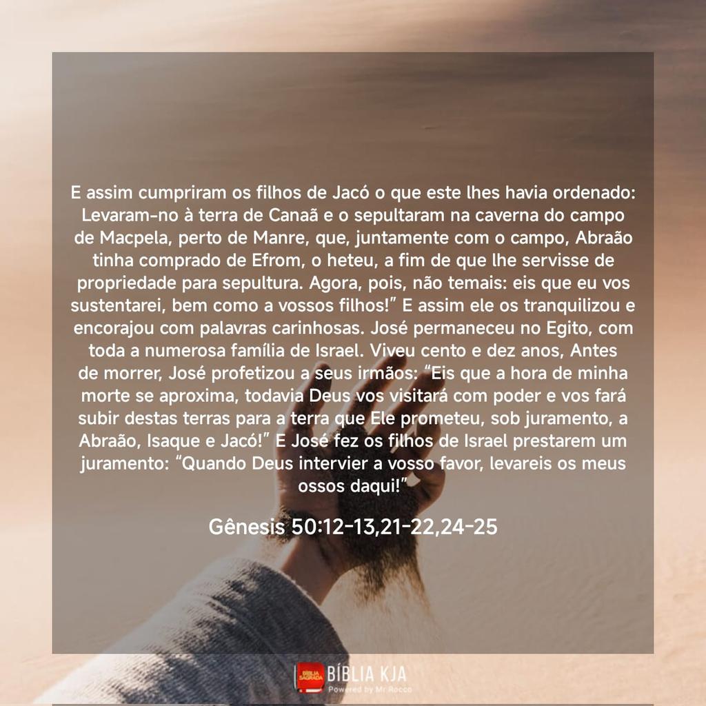 Jeanbsilva's tweet photo. Jacó é sepultado em macpela como havia desejado. José reafirma o perdão a seus irmãos e os tranquiliza com relação ao futuro. José antes de morrer relembra a profecia de retorno do povo a terra prometida e pedi que seus ossos sejam levados ao cumprir a promessa. #rpsp #Gen50 https://t.co/0BDcCK01KS