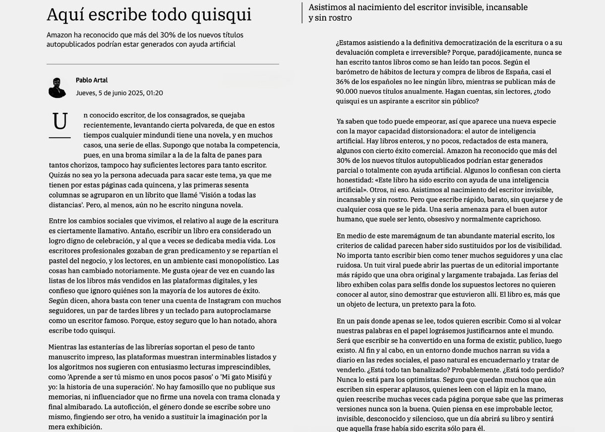 "Aquí escribe todo quisqui"             

Mi artículo de opinión quincenal de hoy en <a href="/laverdad_es/">laverdad_es</a>

"En un país donde apenas se lee, todos quieren escribir. Como si al volcar palabras en el papel lográsemos justificarnos ante el mundo."         
   
 laverdad.es/opinion/pablo-…