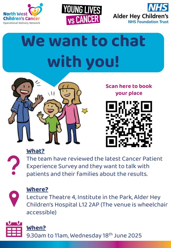 Alder Hey families, we want to chat with you! 💬

Sign up here: forms.office.com/e/gM5pjS0dMz

#nwccodn #childrenscancer #u16cpes