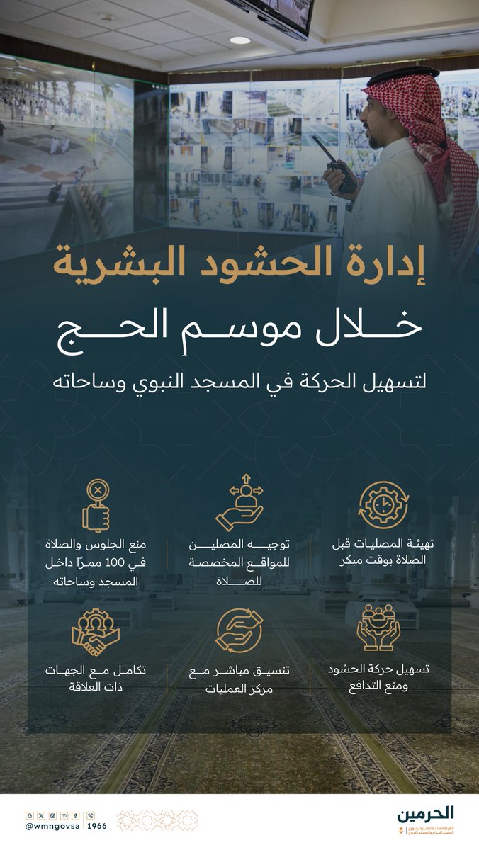 تكثيف أعمال الحشود البشرية خلال موسم الحج.. 

#المسجد_النبوي