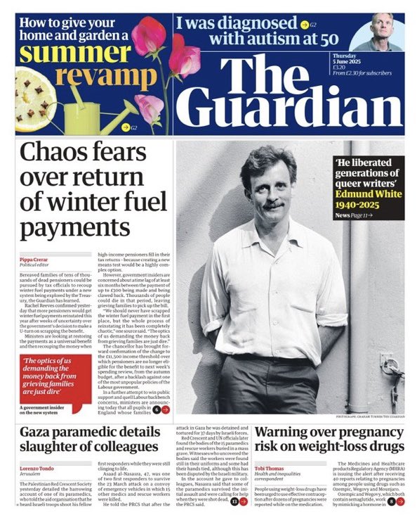 Pippa Crerar (@pippacrerar) on Twitter photo Thursday’s <a href="/guardian/">The Guardian</a> front page: Chaos fears over return of winter fuel payments theguardian.com/society/2025/j… Thursday’s <a href="/guardian/">The Guardian</a> front page: Chaos fears over return of winter fuel payments theguardian.com/society/2025/j…