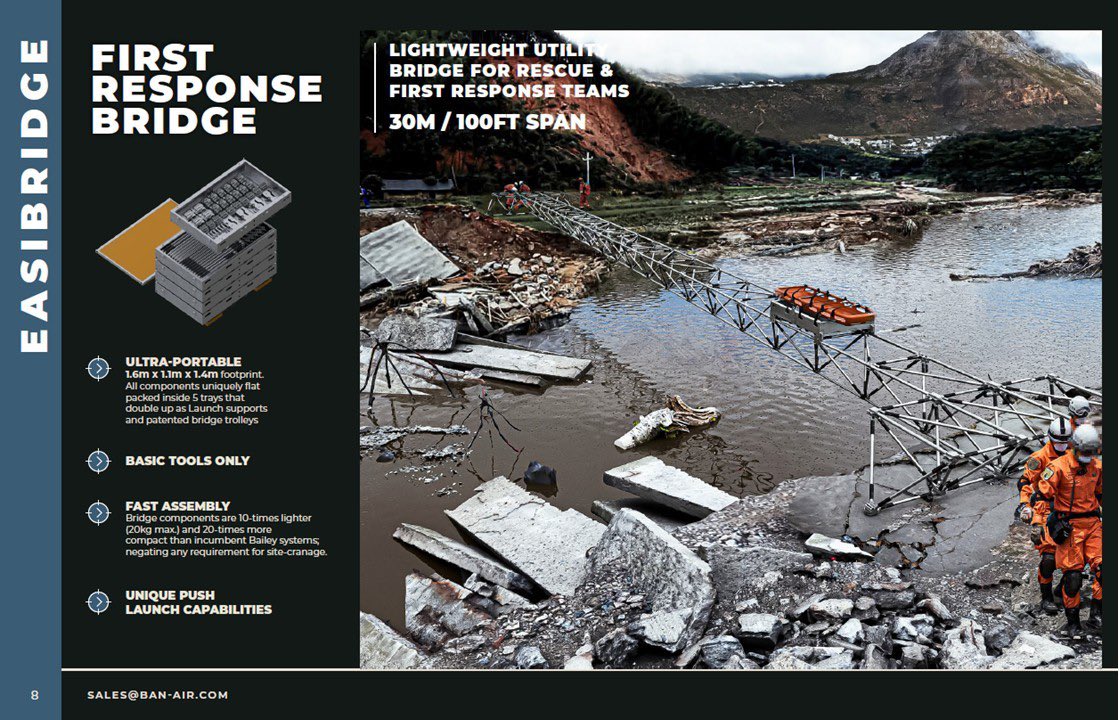 EasiBridge's tweet image. Introducing our all new EasiBridge 1st Response Bridge
A unique ultra-portable 30m disaster recovery bridge transported in 1.6m x 1.1m x 1.4m flat-pack trays doubling as launch supports and crossing trolleys
1st prototype now in production
#EasiBridge
#getoverit
@thinkdefence